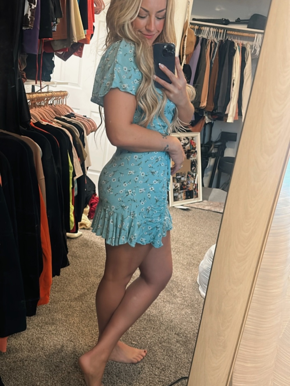Ditsy Floral Ruffle-Hem Mini Dress in Light Blue